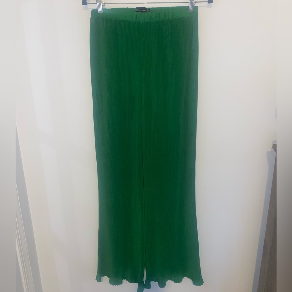 PrettyLittleThing Plisse Wide Leg Pants Green High Waisted Flowy Lounge Size 6 - Picture 5 of 14